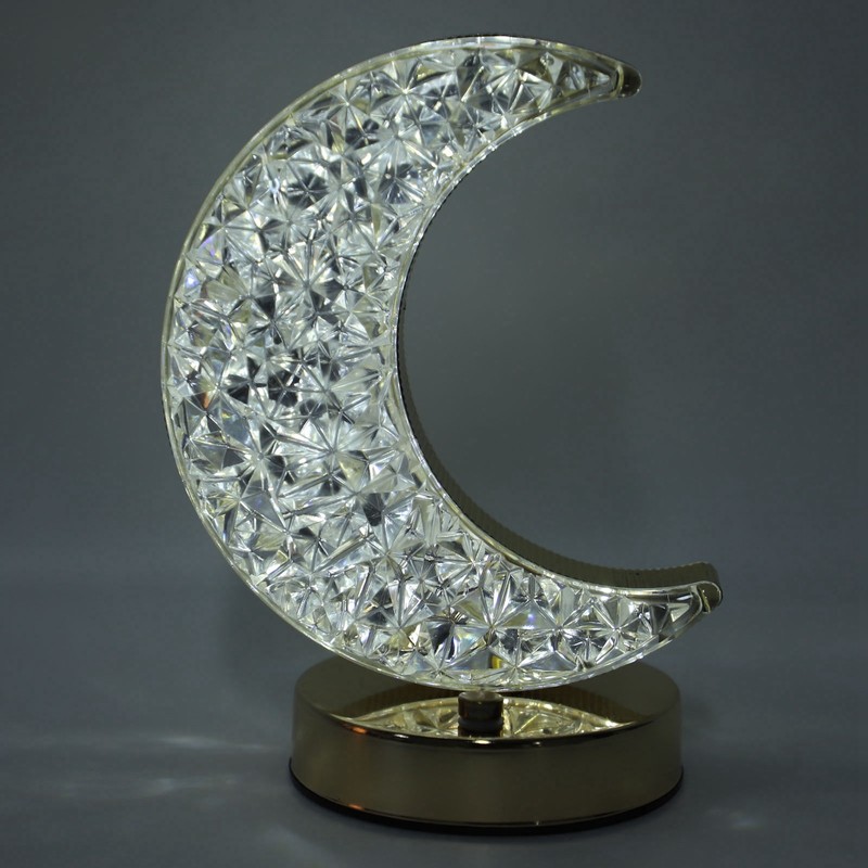 Bedside Table Lamp Crystal Moon Shape Cordless Rechargeable Long Touch