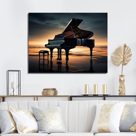 Piano Wall Art, Silhouette Symphony On The Piano, Music Piano Wall art decor, Black Canvas wall art, 20x12 inches