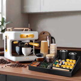 MINCORD Coffee Station Organizer Coffee Condiment Service Tray with 9 Compartment for Counter, Wood Coffee Bar Supplies Organizer for Home Office Breakroom Two-in-One Black