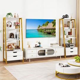 Tangkula 4-Tier Ladder Shelf with 2 Drawers, 52.5" Tall Freestanding Bookcase with Sturdy Metal Frame, Shelving Unit Display Rack with Storage for Bedroom, Living Room, Home Office (2,White+Gold)