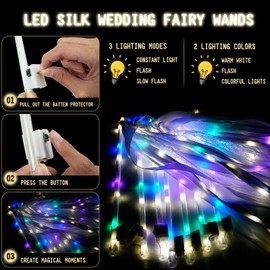 AUGFRYZIAN 100 Pieces Light up Wedding Wands with Ribbons & Bells –LED Silk Wedding Fairy Wands Streamers with Warm White & Colorful Lights for Wedding Send Off Ideas, Parties, and Celebrations
