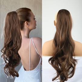 Dark Brown Highlight Wavy Drawstring Ponytail Extension for black women Long Brown Curly Wavy Multi Layered Extensions Ponytail Drawstring Soft Natural Synthetic Hairpiece for Women 4/30#