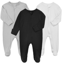Aablexema Baby Zipper Pajamas Bamboo Rayon, 3pcs Unisex Infant Onesie with Mitten Long Sleeve Footed Pjs(Black & White & Grey,12-18m)