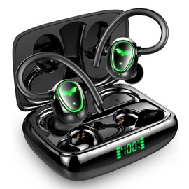 GJB Bluetooth Wireless Headphones Earbuds 60hrs Playback Ear Buds IPX6 Waterproof Stereo Bass Over-Ear Earphones with Earhooks Microphone LED Battery Display for Sports/Workout/Gym/Running