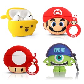 (4Pack) Case for AirPods Pro 2nd/1st Generation (2022/2019) with Carabiner, XMBYGY Cute Skin Design Silicone Cartoon Charging Case Protective Covers for Boys Girls (CTMrQ+RDWN+Mario+Mushroom)