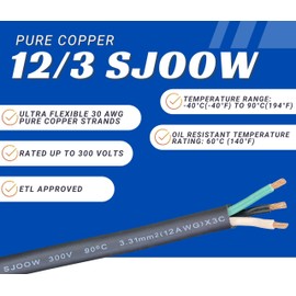 5 Feet 12/3 SJOOW Cable Cord 12 AWG 3 Conductor SO Wire - 12 Gauge 3 Conductor (12/3 Wire) 300V Portable Power Extension Cable for Motor Leads, Portable Lights, Battery Chargers