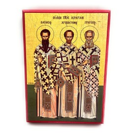 Wooden Greek Orthodox Christian Icon Three Hierarchs St.John Chrysostom St.Gregory The Theologian St.Basil (5.5" x 7.5")