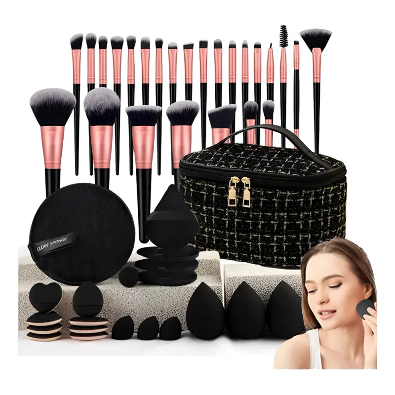 47 Brochas Maquillaje Profesional Y Herramientas Cosméticas Negro