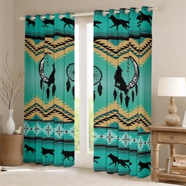 Erosebridal Wolf Curtains & Drapes 84''X84'' Ethnic Tribe Feather Arrow Aztec Window Curtains,Moon Dream Catcher Bohemia Blackout Curtains Indian Geometry Vintage Exotic Wildlife Boho Decor,Green