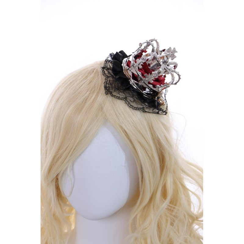 Kawaii-Story C-107-2 Silver Crown Red Rose Bow Black Lace Ruffle