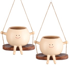 Domensi Domensi 2 Pcs Swing Hanging Planter Cute Smile Flower Face Pot Succulent Pots for String of Pearls Plant Ideal Gifts for Mother's Day Christmas(Swing Spherical Style,One Size)