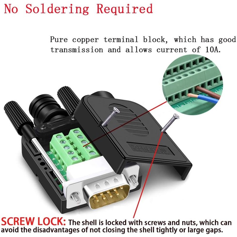 2PCS DB9 Solderless Connector, RS232 D-SUB Serial to 9-Pin Port