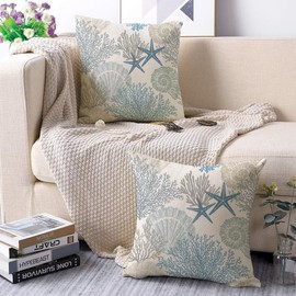 Miuyunya Waterproof Cushion Covers Pack of 2 45 x 45 cm Decorative Outdoor Cushion Cover Spring Summer Blue Starfish Shell Coral Cushion Cover Ocean Theme Decorative for Patio Garden Sofa