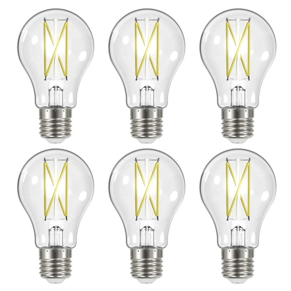 Satco (6 Pack) Dimmable Led Filament Lamps, S12414, High Lumens, 8 Watt, A19; Clear; Medium Base; 2700K; 90 CRI; 120 Volt for use at Residential, Hospitality, Display and Commercial