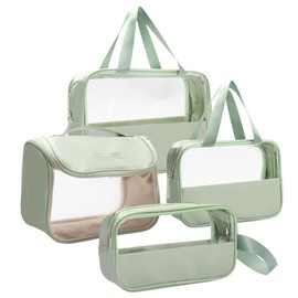 Transparent Toiletry Bag, Pack of 4 Aeroplane PVC + PU Cosmetic Bag, Waterproof, Women's Transparent Toiletry Bag, Airport Compliant Bag (Green)