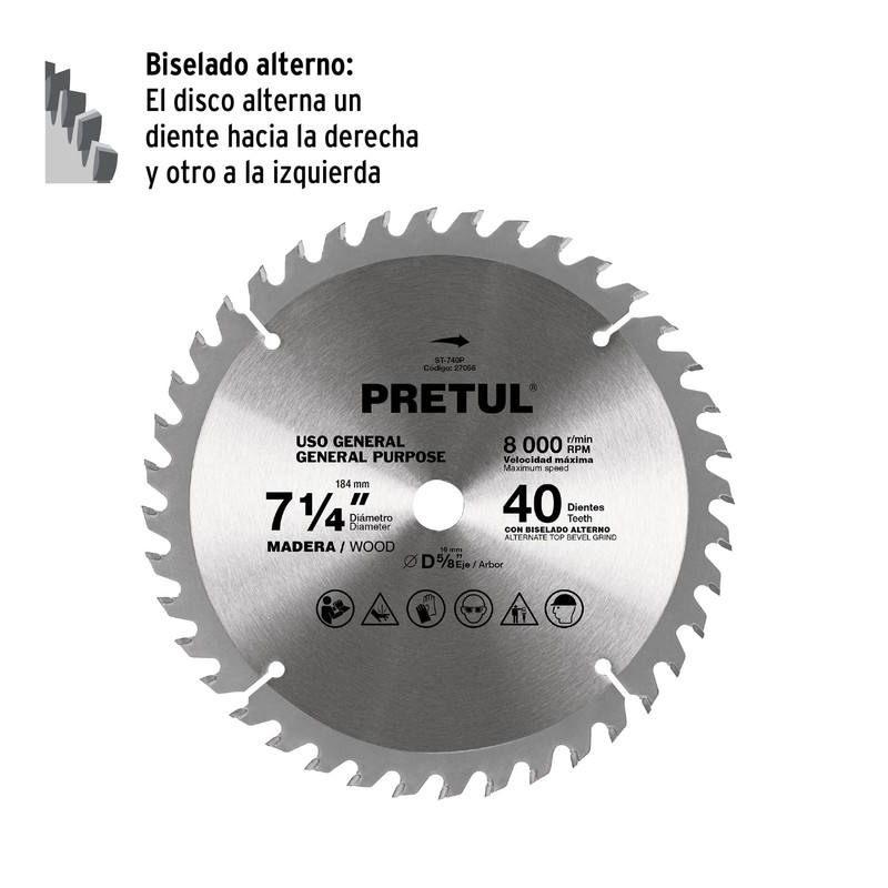 Pretul ST-740P, Disco sierra 7-1/4" para madera 40 dientes centro