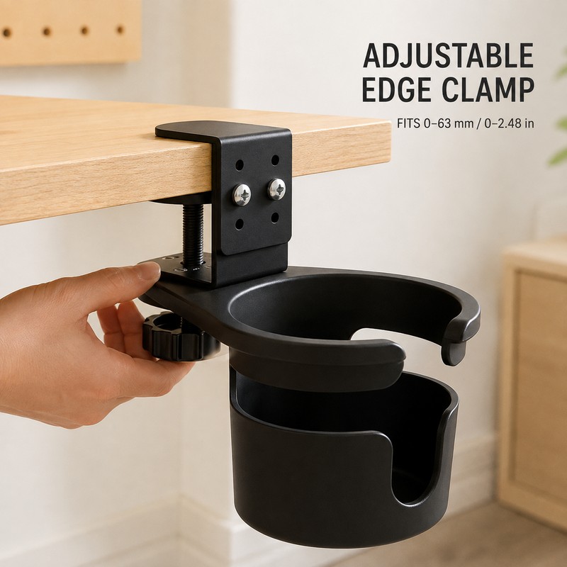 360° Rotating Clamp-On Desk Cup Holder with Adjustable Table Mount