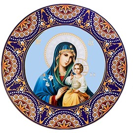 Virgin Mary Icon Eternal Bloom in Circular Wooden Frame, Gold Foil, Wall Hanging and Comes With Stand, Religious Gift 7 3/4 Inch, The Three lilies in Virgin Mary's Hand