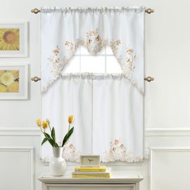 Marina Decoration Home Décor Privacy Drapery Light Filtering Rod Pocket Linen Look Lace Embroidered Kitchen Window Curtain Swag Valance and Tier Panel Set, Taupe Rose Floral