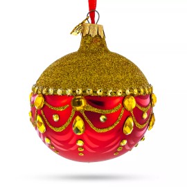 BESTPYSANKY Glittered Golden Top Red Bottom Blown Glass Ball Christmas Ornament 3.25 Inches
