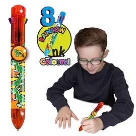 Deluxebase Rainbow Writer - T-Rex, Multicolour Pen from 8 in 1 retractable ballpoint pen, great novelty pens for kids and ideal office or school supplies