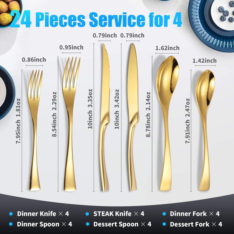 Lemeya 24 Piece Gold Silverware Set with Steak Knives,18/10 Stainless