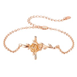 CUOKA MIRACLE Cross Bracelet, S925 Sterling Silver Rose Flower Bracelet Rose Gold Jewelry Crucifix Bracelet Religious Christmas Gifts for Women Men Teen