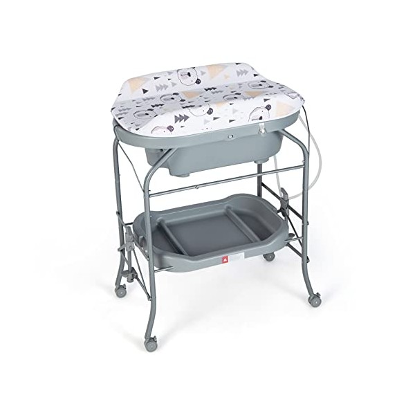 GYMAX Folding Baby Changing Table with Bathtub, Portable Newborn Bath Table and Dresser Unit with PVC Pad, Storage Tray and Wheels, Infant Diaper Changing Station