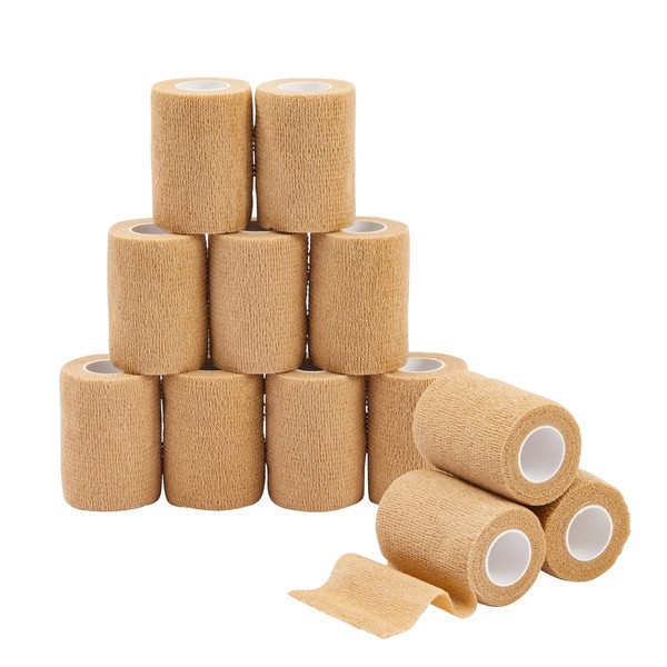 12 Rolls Self Adhesive Bandage Wrap, 3 Inch x 5 Yards Cohesive Vet Tape for First Aid Kit, Sports (Tan)