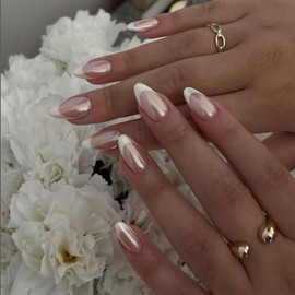 Kotkiddy Pack of 24 French Tip Press On Nails Almond Medium False Nails Chrome False Nails with Design Pearl White Glue Nails Shiny Aurora Acrylic Nails