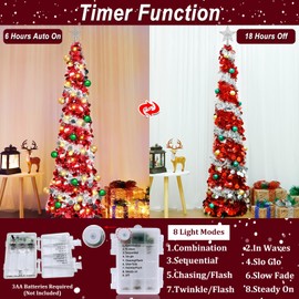 [ Remote Control & 8 Modes ] 6 Ft Lighted Slim Christmas Tree with Timer 120 Warm Lights 15 Ball Ornament Battery Powered Big 3D Star,Glitter Tinsel Pop Up Pencil Full Tree Holiday Xmas Decoration