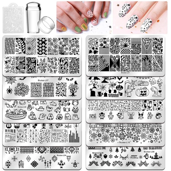 Biutee Nail Stamping Plates 10pcs Templates with Stamper Nail Stamper Nail Art Plates Kits Nail Plates Template Plates Leaves Flowers Animal Holiday Design