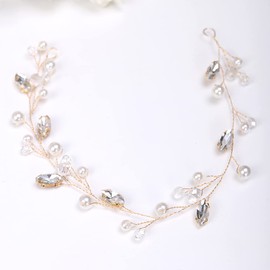 JWICOS Gold Girl Headpiece Princess Headband for Women and Girls Crystal Pearl Hair Vine Bridal Hair Accessories for Brides and Bridesmaid (Gold)