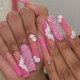 24Pcs Glitter Rhinestones Press on Nails Long Square Fake Nails 3D Petals Rhinestone Designs Glossy Artificial False Nails Reusable Stick on Nails Embossed Flowers Pink French Glue on Nails for Women