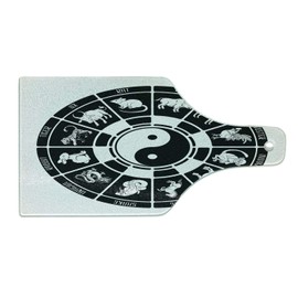 Ambesonne Zodiac Cutting Board, Chinese Horoscope Wheel with Animal Figures Names and Yin Yang Symbol at Centre, Decorative Tempered Glass Cutting and Serving Board, Wine Bottle Shape, Black and White