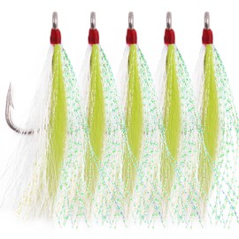 Bucktail Teaser Fishing Hooks,5pcs Saltwater Flounder Rig Stainless Steel Fishing Jig Hooks Bucktail Mylar Flash Teasers Inserted for Striper Catfish Cod Flounder Hi/Lo Rig