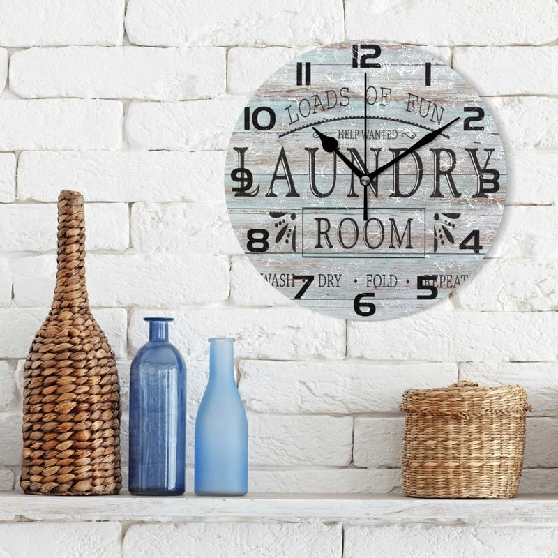 Glaphy Laundry Room Wood Clock Silent Wall Clock Non-Ticking Round