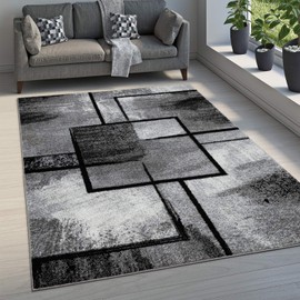 Black White Area Rug with Geometric Pattern and Modern Paint Effect, Size: 6'7" x 9'6"