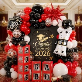 2026 Graduation Decorations Class of 2026 Red and Black Balloons Arch kit with Balloons Boxes, Congratulations Grad Party Decor Gold Confetti Balloon Explosion Star Certificate Trophies Foil Balloon