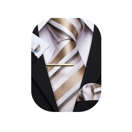Barry.Wang Men's Silk Business Ties with Handkerchief, Cufflink Stripes Plaid Tie Set, Celebration Wedding, White light brown