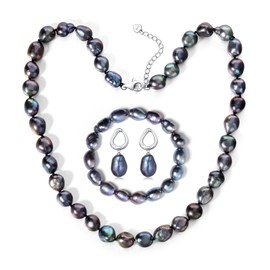 BAMIKI Tahitian Pearl Jewelry Set for Women, Baroque Saltwater Cultured Black Pearl Necklace Bracelet Earrings Set 8.5-9mm, 925 Sterling Silver Clasp, Gift for Birthday Anniversary Mother's Day