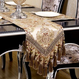 OZXCHIXU European Jacquard Fabric Multi-Tassels Table Runner (14x54 inch, Khaki)