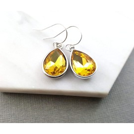 November Birthstone Earrings - Citrine Crystal Sterling Silver Teardrop Earrings - Gift for Her