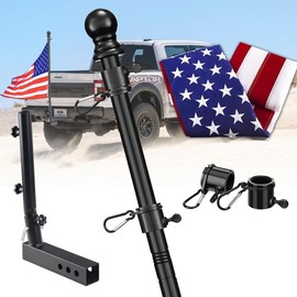 Truck Flag Pole Kit with Trailer Hitch Holder - Heavy Duty Tangle Free Flagpole for Trucks,Upgraded Windproof Holder with Longer Sleeve for Truck,Pickup,Car Tailgate,Jeep:_black with flag_6ft