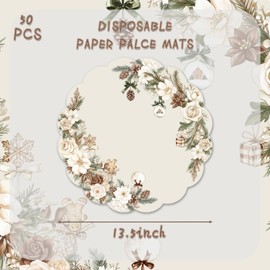 50 Pcs Pine Branch Ornament Christmas Paper Place Mats, 13.5 inch Gingerbread christmas Scalloped Disposable Placemats Round Placemats for Table Paper Decoration for Chrismas Winter and New year party