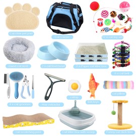 Kitten Starter Kit, 37 Pcs of Kitten Starter Kit for Indoor Kittens, Cat Essentials Including Cat Bed, Carrier, Litter Mat, Litter Box, Collar, Bowls, Cat Toys and Others (Blue)