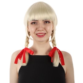 Adult Brown Possessed Doll Braided Pigtail Wig with Bows, Synthetic Soft Fiber Hair, Perfect for your next Festival and Group Anime Party! (Blonde 18")