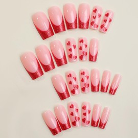 French Tip Press on Nails Long Square - Valentine's Day Press on Nails Glitter Heart Design, Shiny Glossy Pink Fake Nails with Glitters Red Heart Nail Tips Press on Stick on Nails for Women,24 Pcs