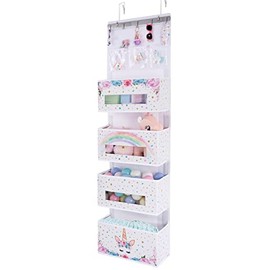 Unicorn Over Door Hanging Organizer - Baby Storage with 4 Large Pockets 3 Clear Small Pockets for Kids 49” X 14” Over The Door Storage Toys Towels Sundries for Children Room Bedroom Kitchen