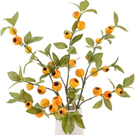 Funzhan 3 PCS Yellow Fruits Tree Branch 33 Inch Artificial Fruit Stems Decoration Realistic Fake Hawthorn Berry Apple Fruit Plants Twig Leaves Garland Faux Fruit Branches for Vase Home Decor
